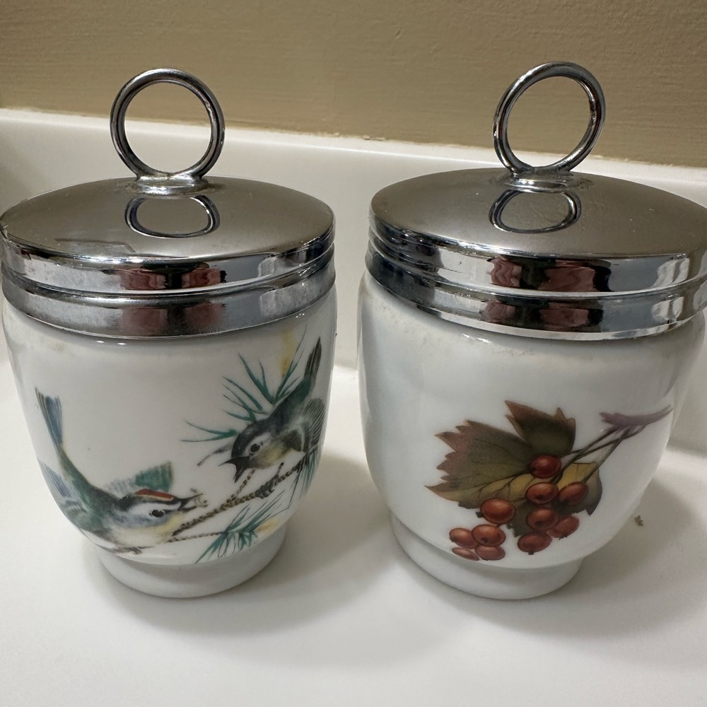 Royal Worcester Evesham porcelain egg coddlers with chrome lids 1970